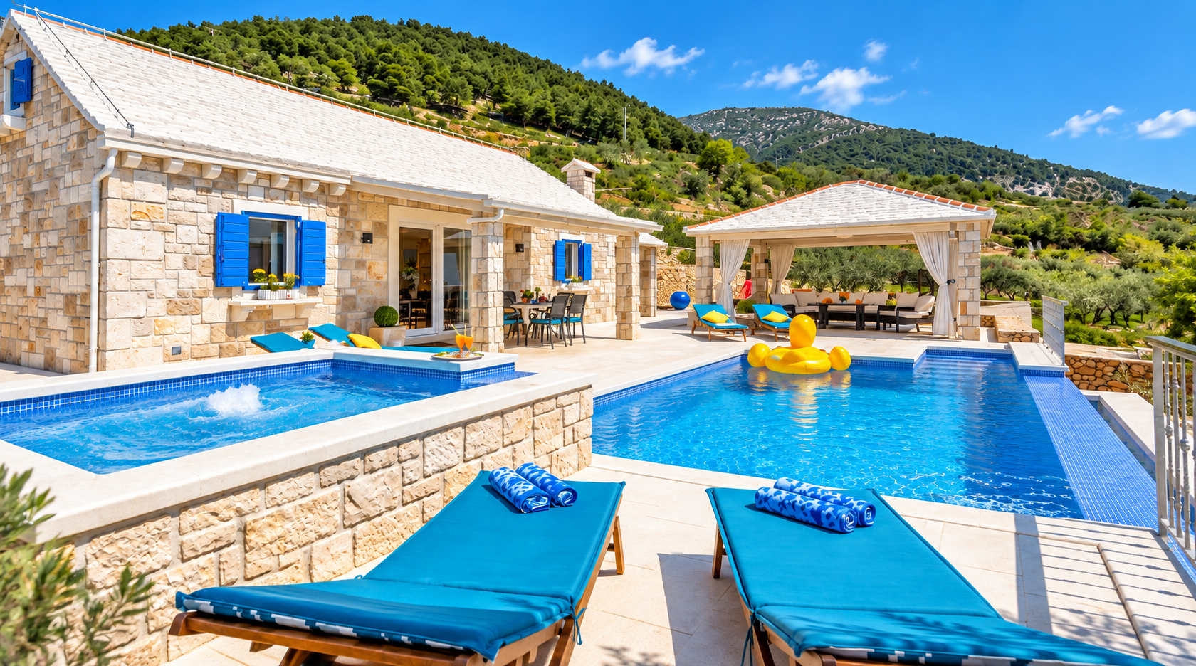 A stone holiday house in Dalmatia with a private pool, sun loungers and a landscaped terrace surrounded by Mediterranean greenery